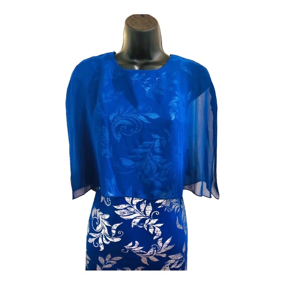 EnFocus studio blue sheer veil cape silver foil print sheath dress size 8P new - Picture 9 of 16